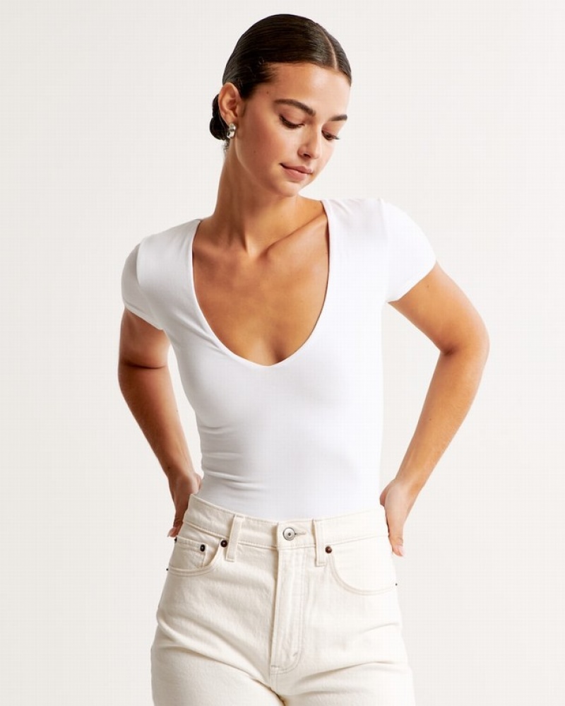 Abercrombie Korta-sleeve Cotton Seamless Fabric V-neck Bodysuit Dam Vita  | 7591-LTDOA