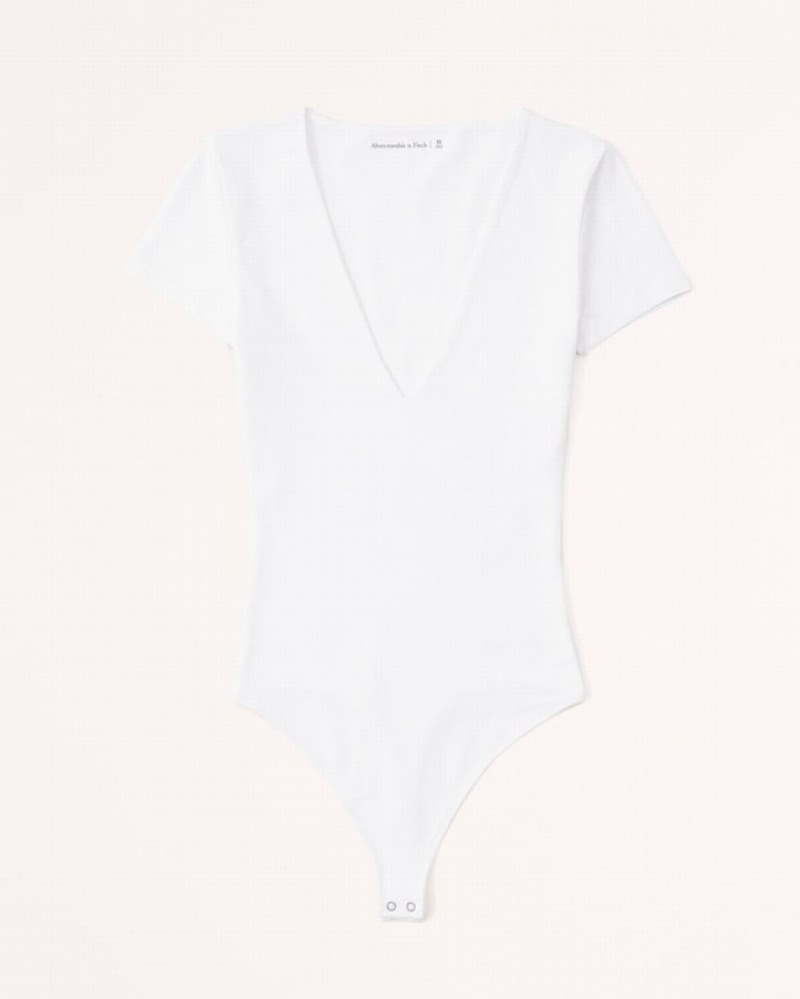 Abercrombie Korta-sleeve Cotton Seamless Fabric V-neck Bodysuit Dam Vita  | 7591-LTDOA