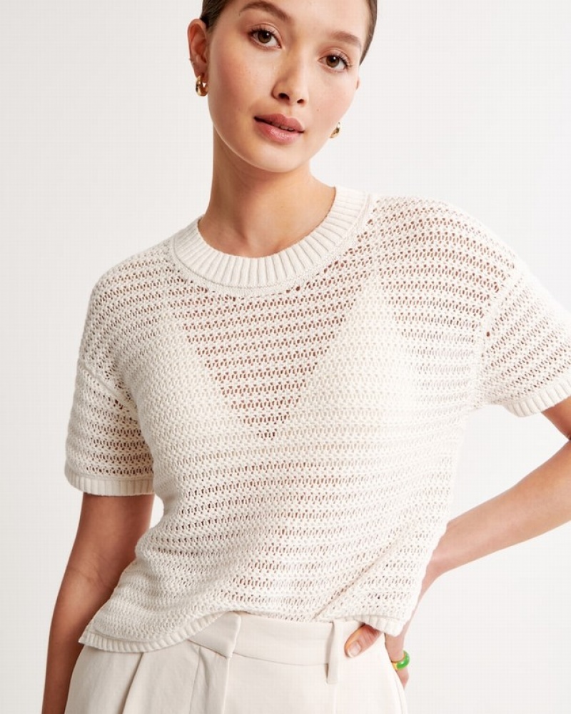 Abercrombie Korta-sleeve Crochet T-shirt Dam Vita  | 7659-MAHDV