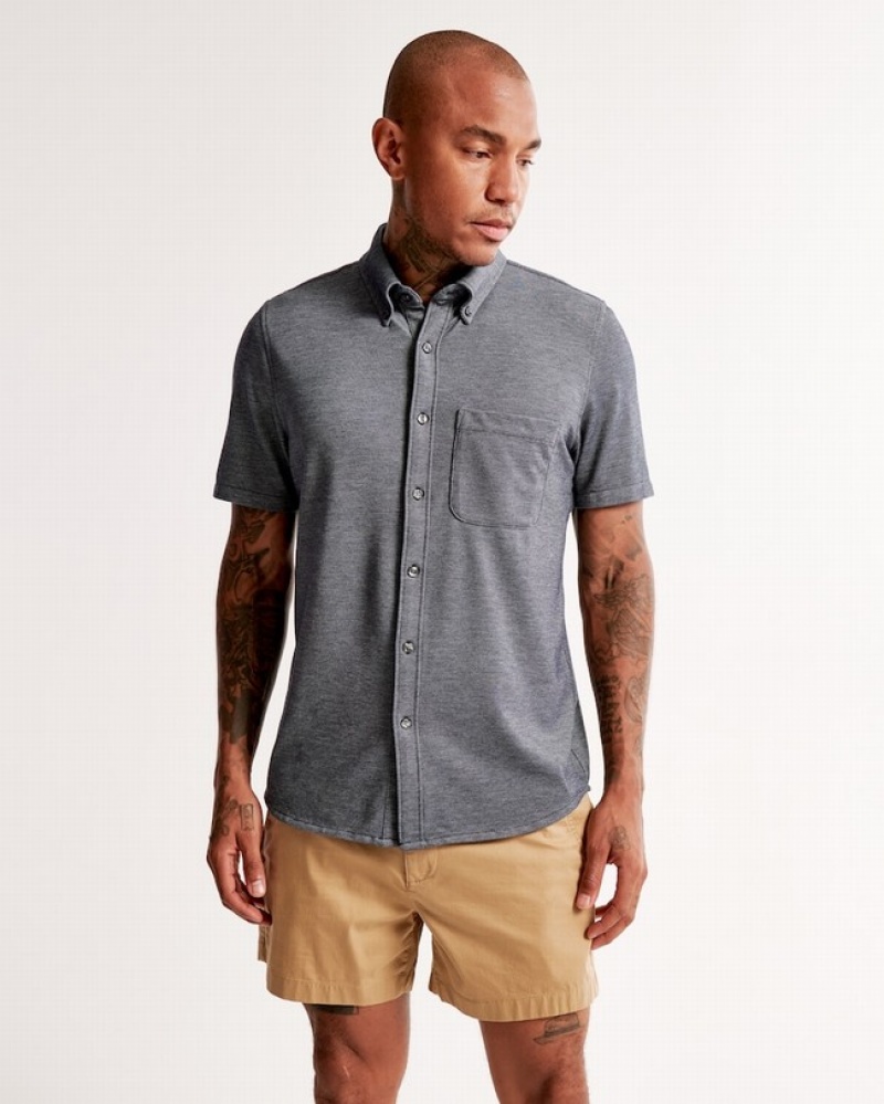 Abercrombie Korta-sleeve Performance Button-up Skjorta Herr MörkBlå  | 2973-PHYJT