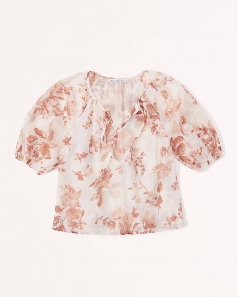 Abercrombie Korta-sleeve Sheer Peasant Skjorta Dam Bruna  | 8513-AGLBK