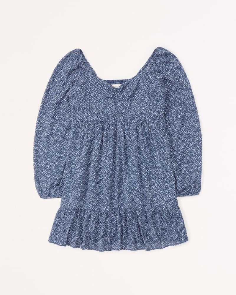 Abercrombie Long-sleeve Babydoll Mini Klänning Dam Blå  | 4758-GYDTB