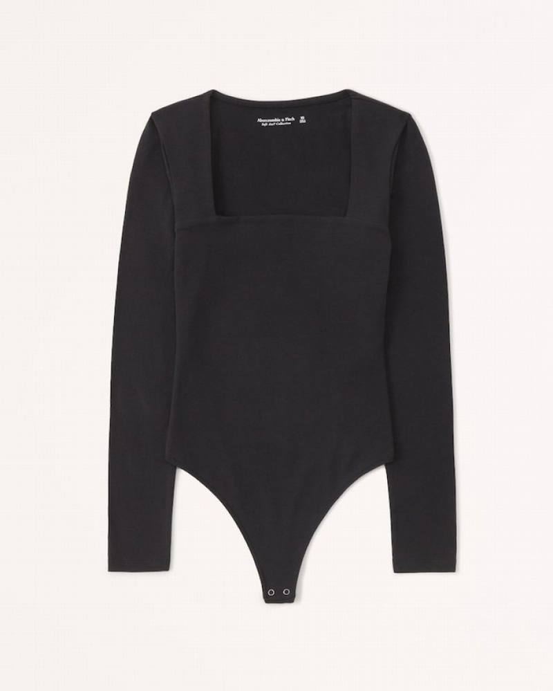 Abercrombie Long-sleeve Cotton Seamless Fabric Squareneck Bodysuit Dam Svarta  | 2056-DHISY