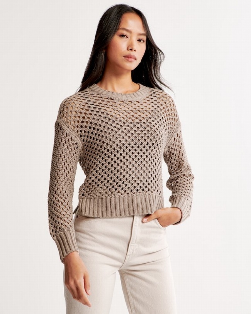 Abercrombie Long-sleeve Crochet Crew Skjorta Dam Bruna  | 7264-RYQUC