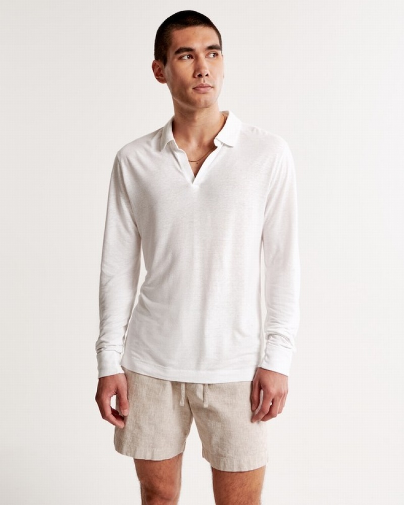 Abercrombie Long-sleeve Linen-blend Johnny Collar Piketröja Herr Vita  | 9251-VLTON