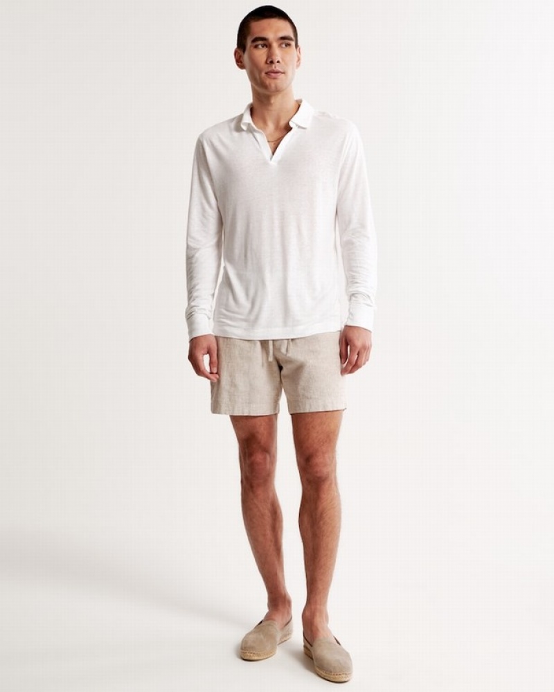 Abercrombie Long-sleeve Linen-blend Johnny Collar Piketröja Herr Vita  | 9251-VLTON