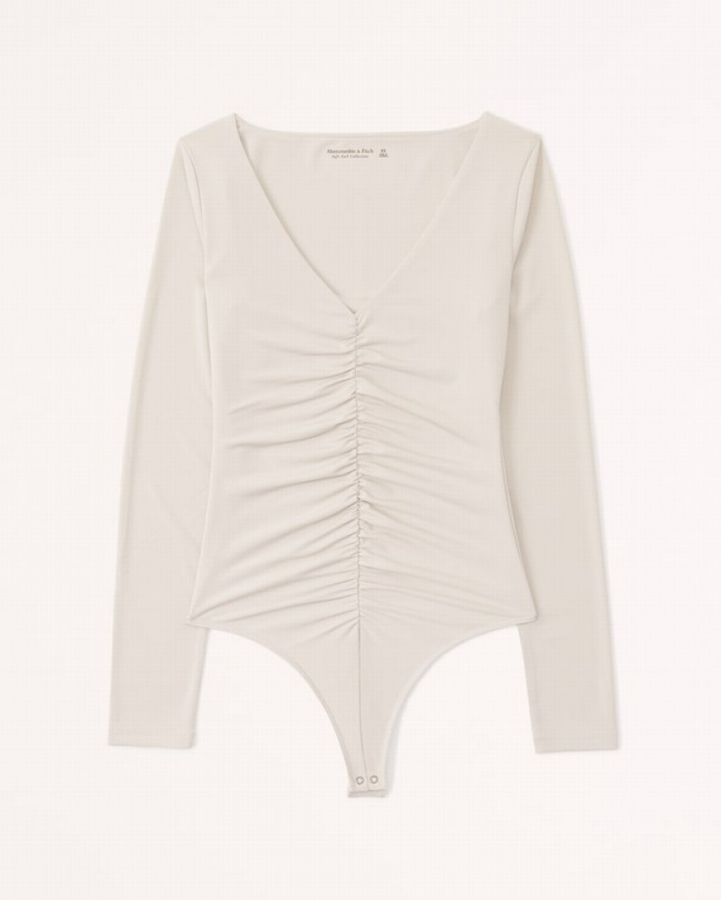 Abercrombie Long-sleeve Ruched V-neck Bodysuit Dam Grädde  | 0678-FPIZW