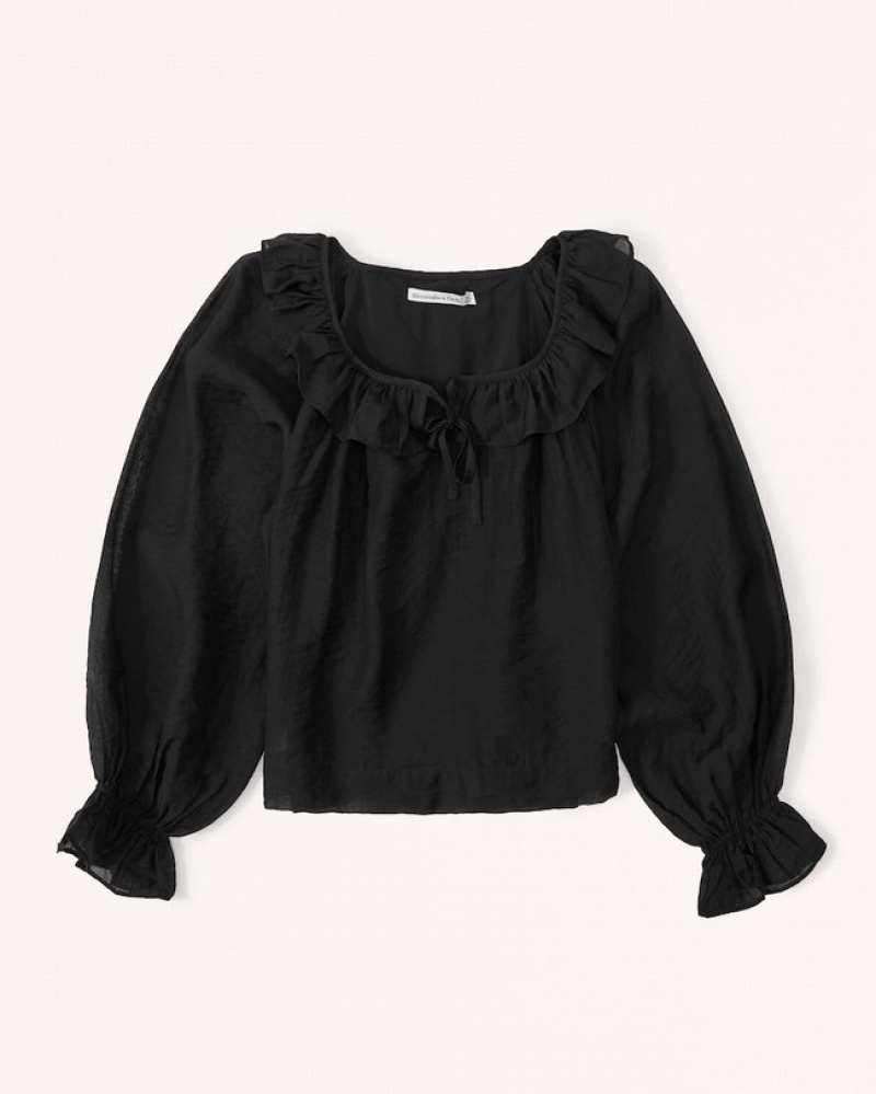 Abercrombie Long-sleeve Ruffle Collar Skjorta Dam Svarta  | 0913-MQTBL