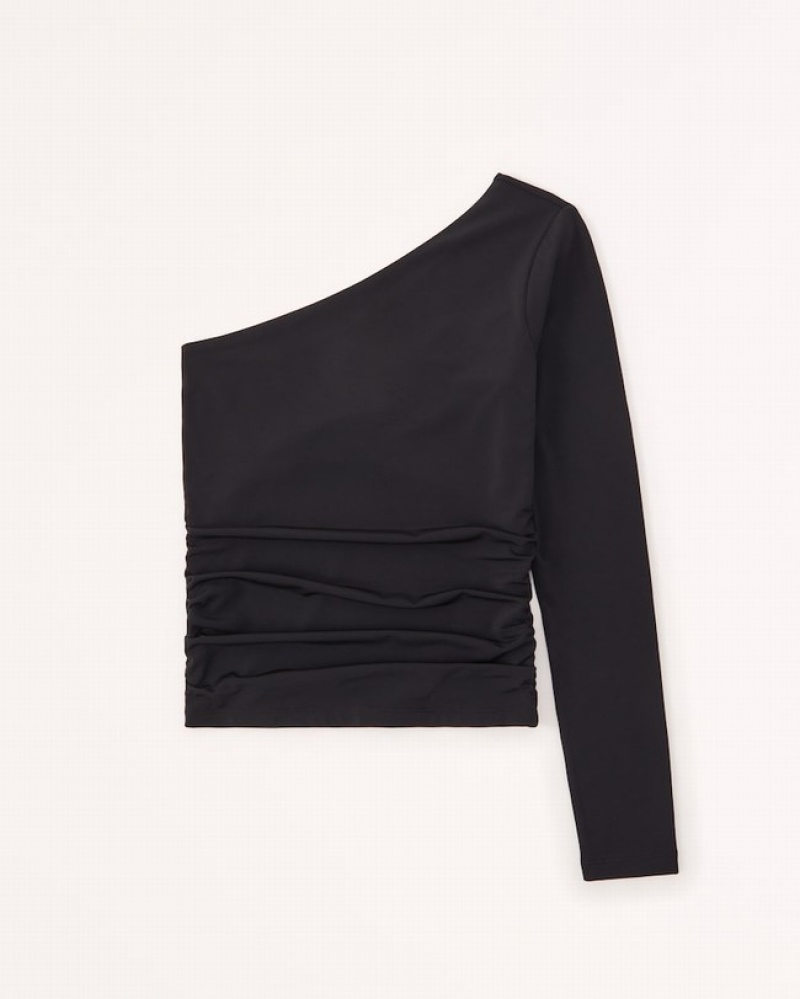 Abercrombie Long-sleeve Slinky Asymmetrical Ruched Skjorta Dam Svarta  | 5706-JEPOV