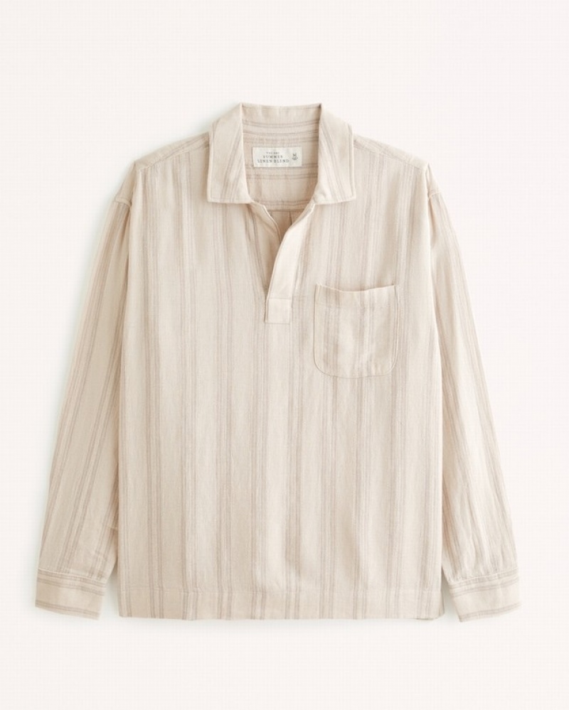 Abercrombie Long-sleeve Summer Linen-blend Johnny Collar Skjorta Herr LjusBruna  | 2369-JAYCS