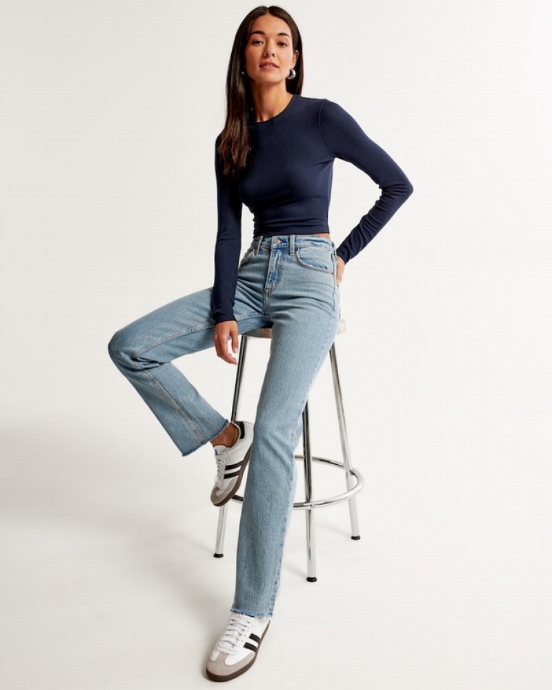 Abercrombie Mid Rise 90s Straight Jeans Dam Blå  | 4650-PLBRI