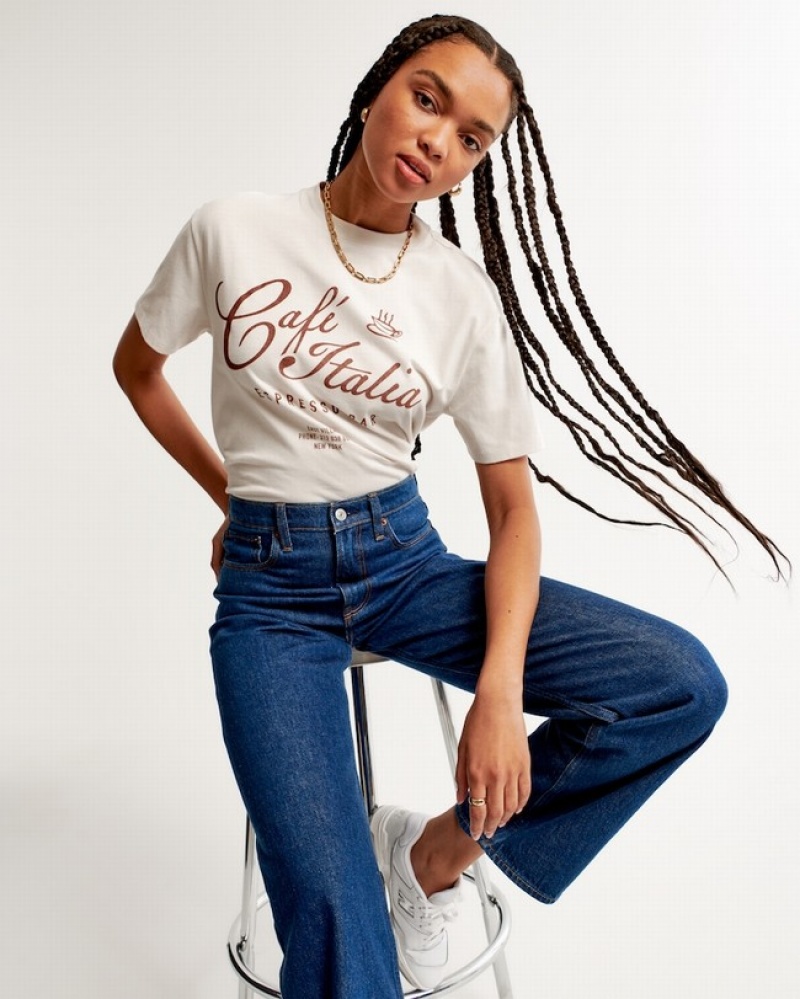 Abercrombie Oversized Boyfriend Cafe Graphic T-shirt Dam Grädde  | 7369-FDINW