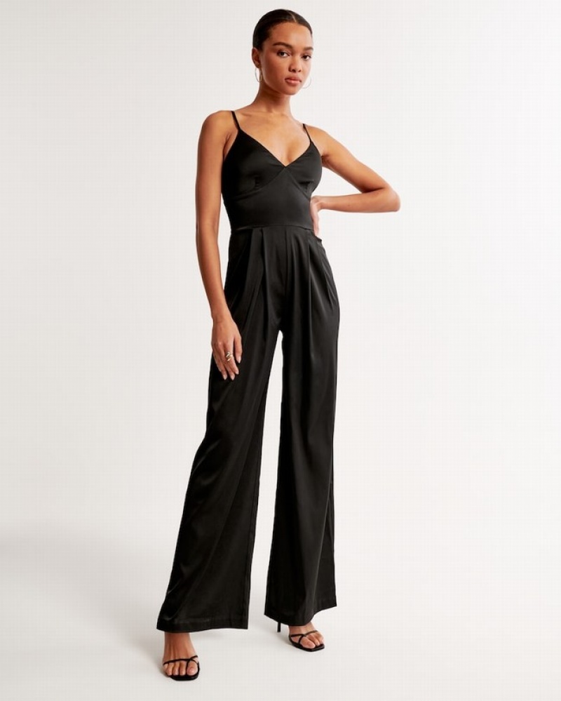 Abercrombie Plunge Satin Jumpsuit Dam Svarta  | 3471-WTMPY