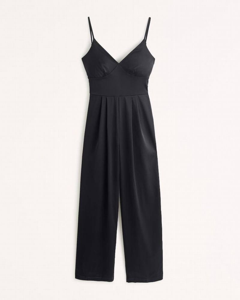 Abercrombie Plunge Satin Jumpsuit Dam Svarta  | 3471-WTMPY