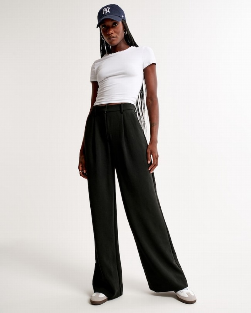 Abercrombie Premium Crepe Tailored Ultra Wide-leg Byxor Dam Svarta  | 5049-CGXLZ