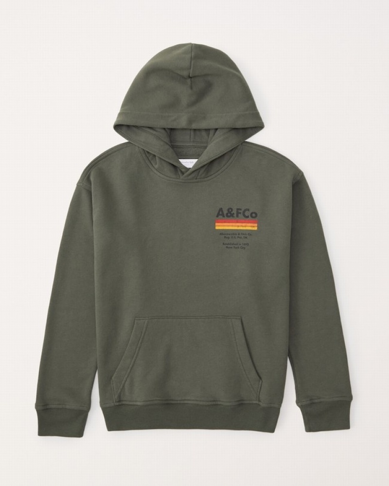 Abercrombie Print Graphic Logo Popover Hoodie Pojke Olivgröna  | 6802-OTSKH