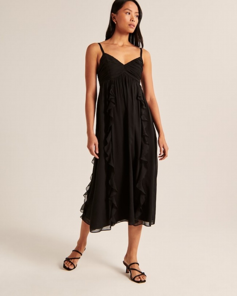 Abercrombie Ruffle Babydoll Maxi Klänning Dam Svarta  | 7142-BJICW