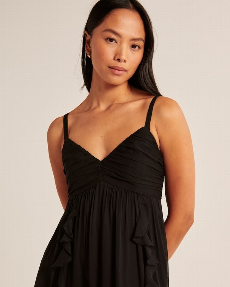 Abercrombie Ruffle Babydoll Maxi Klänning Dam Svarta  | 7142-BJICW