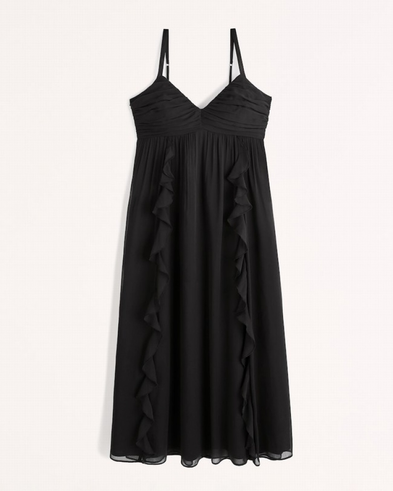 Abercrombie Ruffle Babydoll Maxi Klänning Dam Svarta  | 7142-BJICW