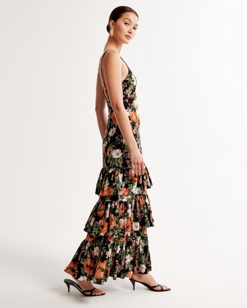 Abercrombie Ruffle Tiered Maxi Klänning Dam Svarta  | 0546-KWRJY