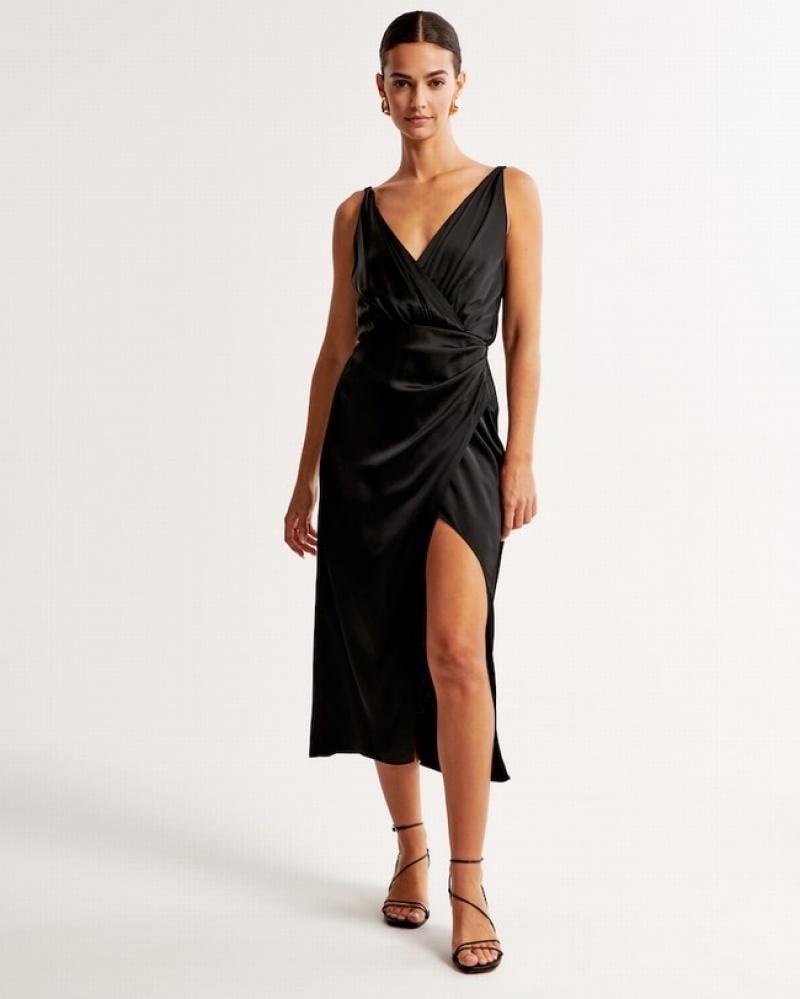 Abercrombie Satin Draped Wrap Midi Klänning Dam Svarta  | 1725-MNVXR