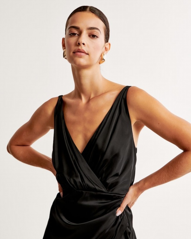 Abercrombie Satin Draped Wrap Midi Klänning Dam Svarta  | 1725-MNVXR