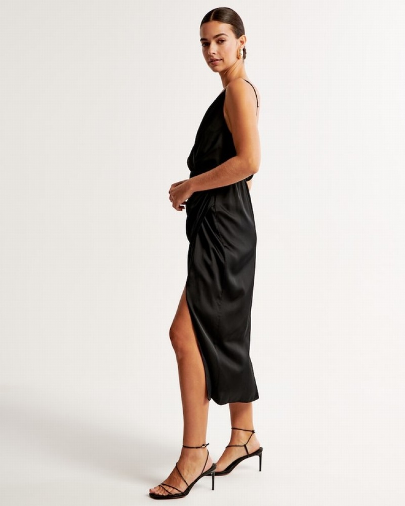 Abercrombie Satin Draped Wrap Midi Klänning Dam Svarta  | 1725-MNVXR