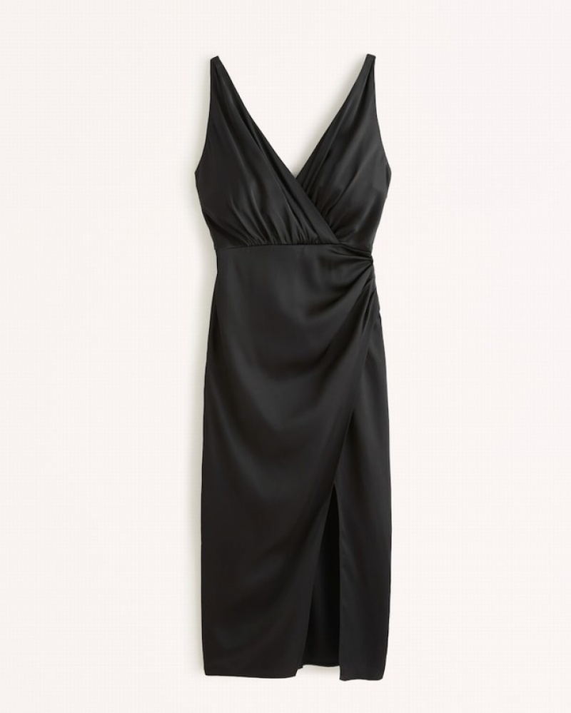 Abercrombie Satin Draped Wrap Midi Klänning Dam Svarta  | 1725-MNVXR