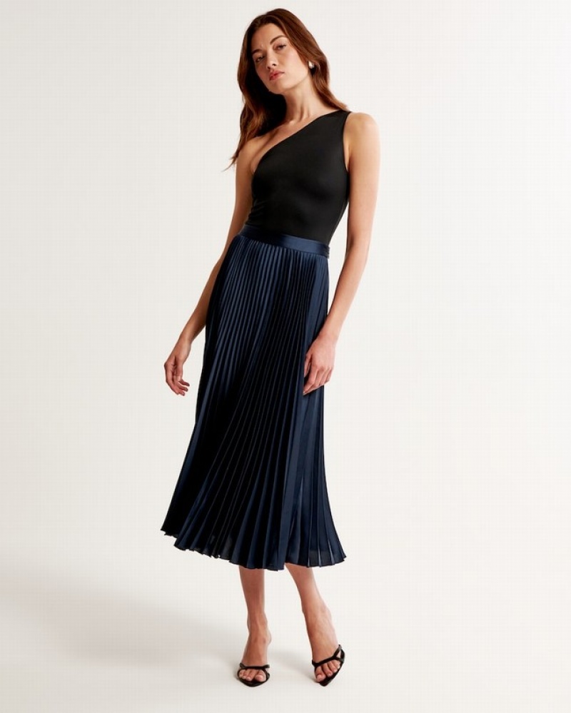 Abercrombie Satin Pleated Midi Kjolar Dam Marinblå  | 3097-YRMFD