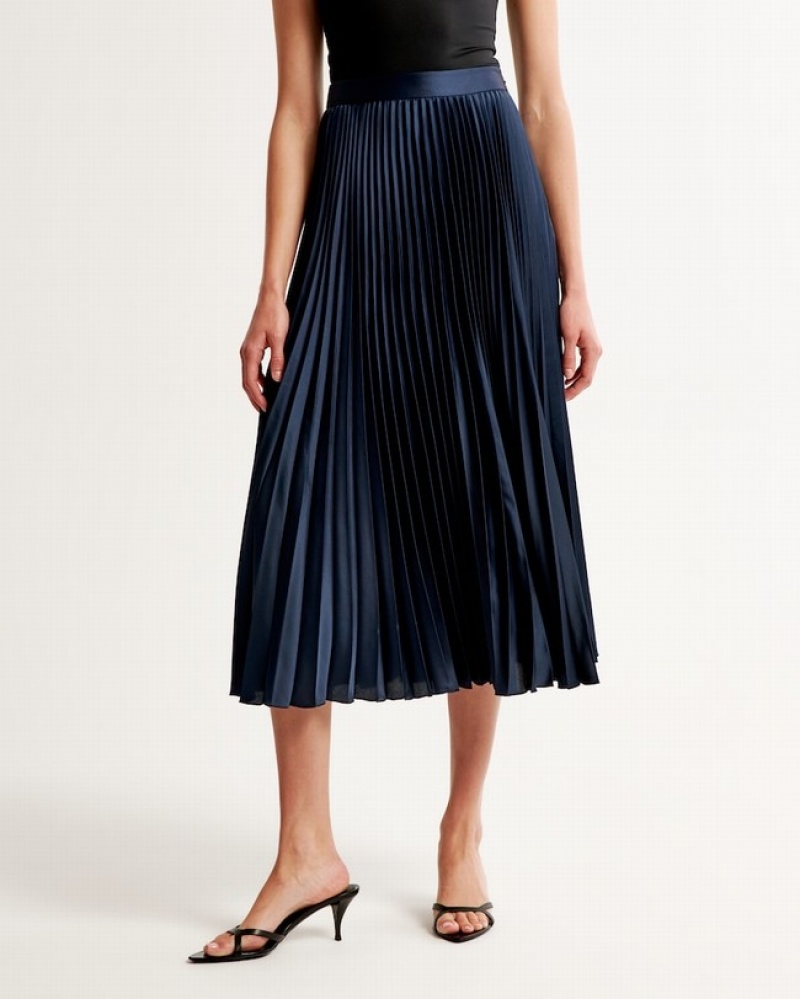 Abercrombie Satin Pleated Midi Kjolar Dam Marinblå  | 3097-YRMFD