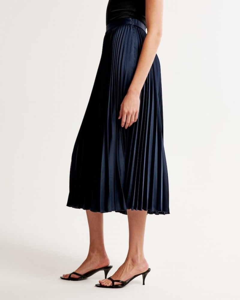 Abercrombie Satin Pleated Midi Kjolar Dam Marinblå  | 3097-YRMFD