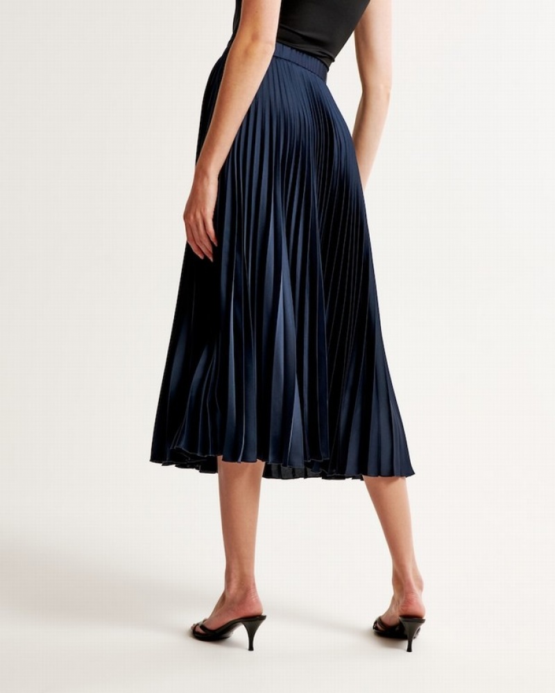 Abercrombie Satin Pleated Midi Kjolar Dam Marinblå  | 3097-YRMFD