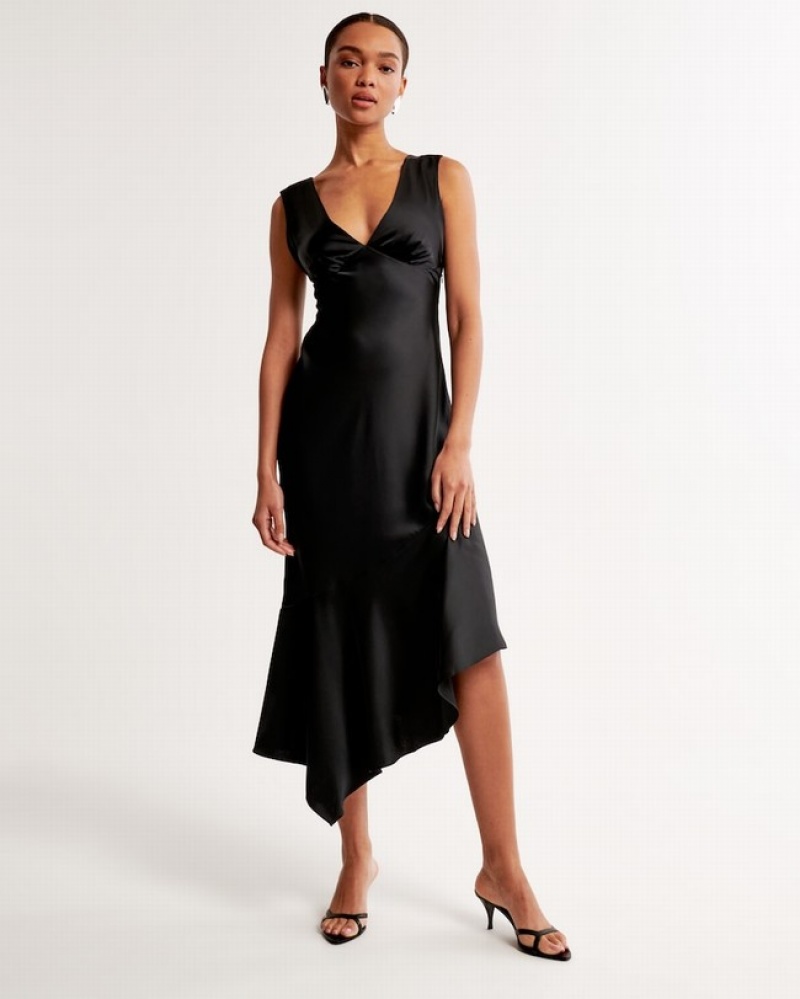 Abercrombie Satin Slip Asymmetrical Midi Klänning Dam Svarta  | 6892-SKHDY