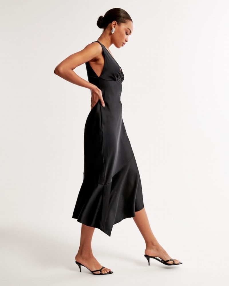 Abercrombie Satin Slip Asymmetrical Midi Klänning Dam Svarta  | 6892-SKHDY