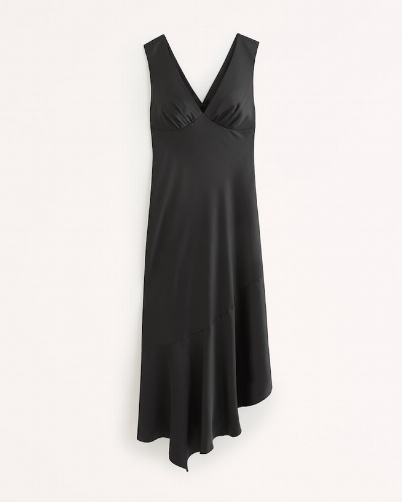 Abercrombie Satin Slip Asymmetrical Midi Klänning Dam Svarta  | 6892-SKHDY