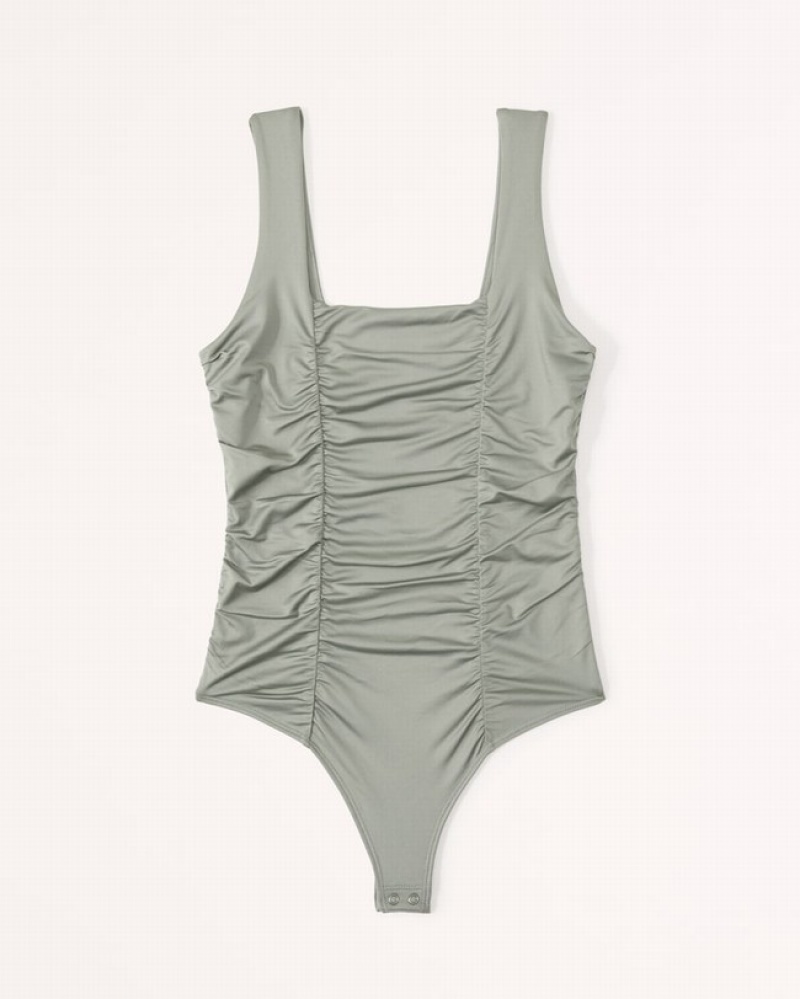 Abercrombie Sleek Seamless Fabric Ruched Squareneck Bodysuit Dam Gröna  | 3187-SRKMC