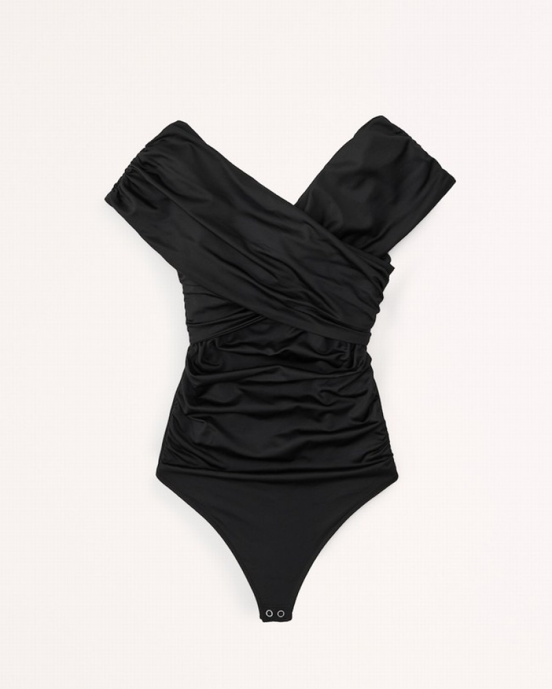 Abercrombie Sleek Seamless Ruched Wrap Bodysuit Dam Svarta  | 1624-SHTZV