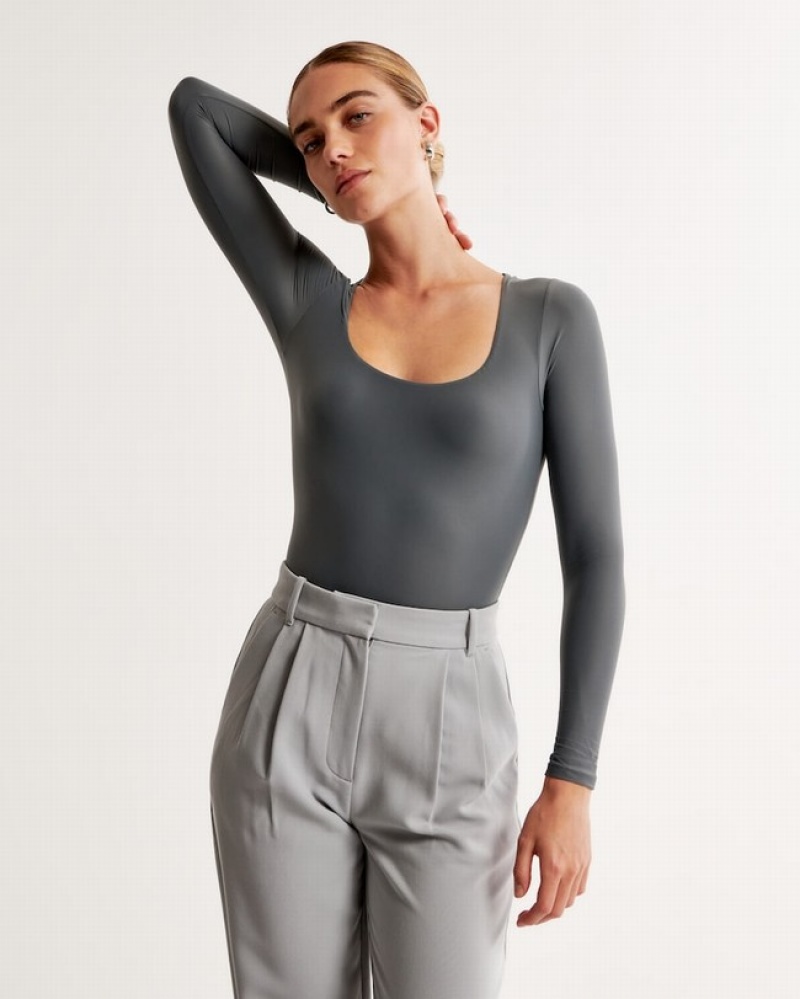 Abercrombie Soft Matte Seamless Long-sleeve Squareneck Bodysuit Dam MörkGrå  | 2418-SHUMG