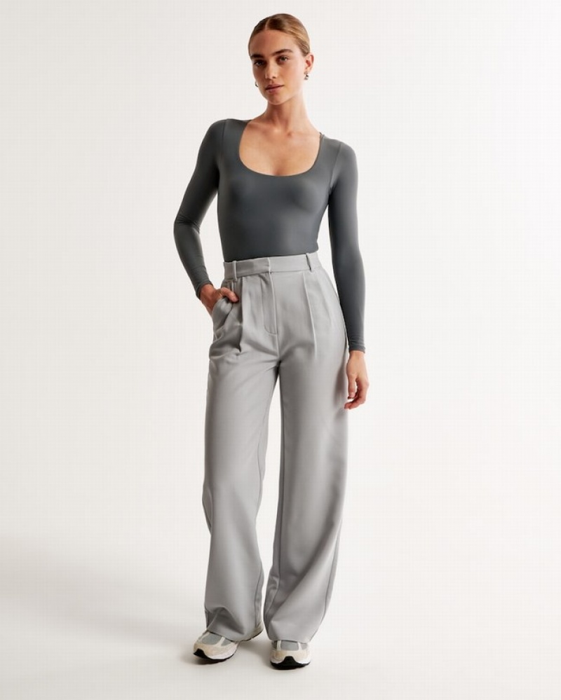 Abercrombie Soft Matte Seamless Long-sleeve Squareneck Bodysuit Dam MörkGrå  | 2418-SHUMG