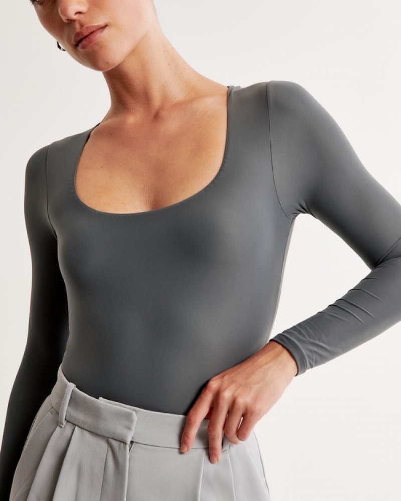 Abercrombie Soft Matte Seamless Long-sleeve Squareneck Bodysuit Dam MörkGrå  | 2418-SHUMG