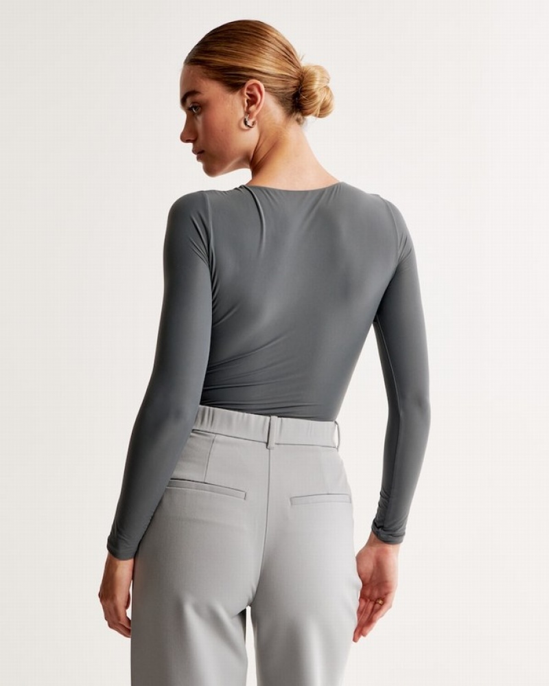 Abercrombie Soft Matte Seamless Long-sleeve Squareneck Bodysuit Dam MörkGrå  | 2418-SHUMG