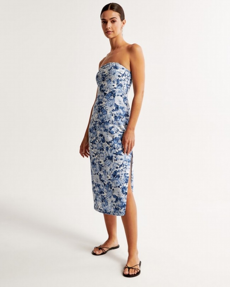 Abercrombie Strapless Linen-blend Midi Klänning Dam Marinblå  | 0734-IYPQM