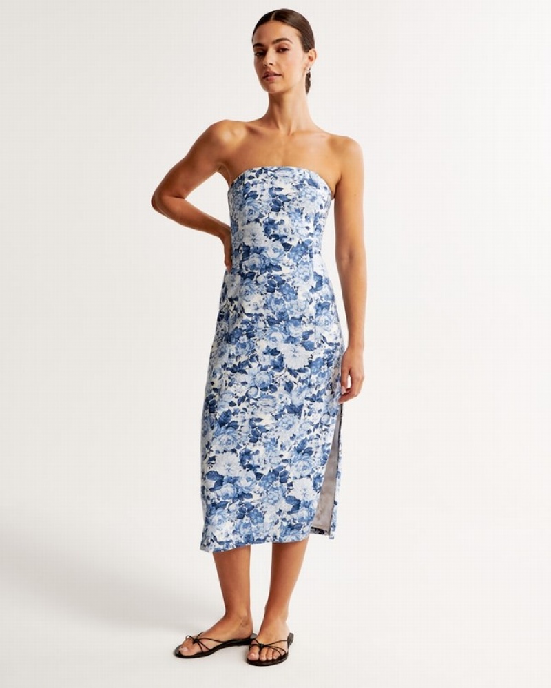 Abercrombie Strapless Linen-blend Midi Klänning Dam Marinblå  | 0734-IYPQM