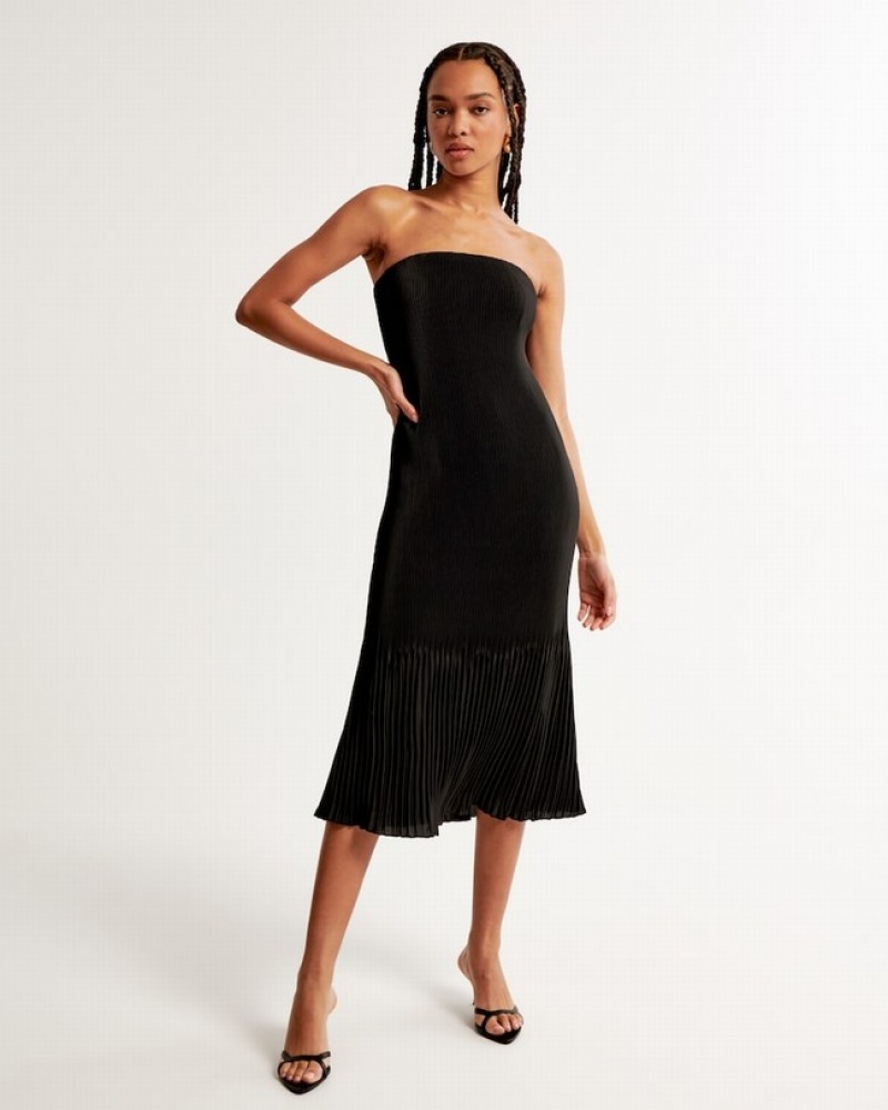 Abercrombie Strapless Pleat Release Midi Klänning Dam Svarta  | 6041-RZNOH