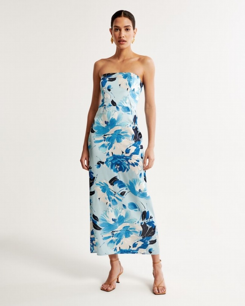 Abercrombie Strapless Satin Maxi Klänning Dam Blå  | 2175-THBAR