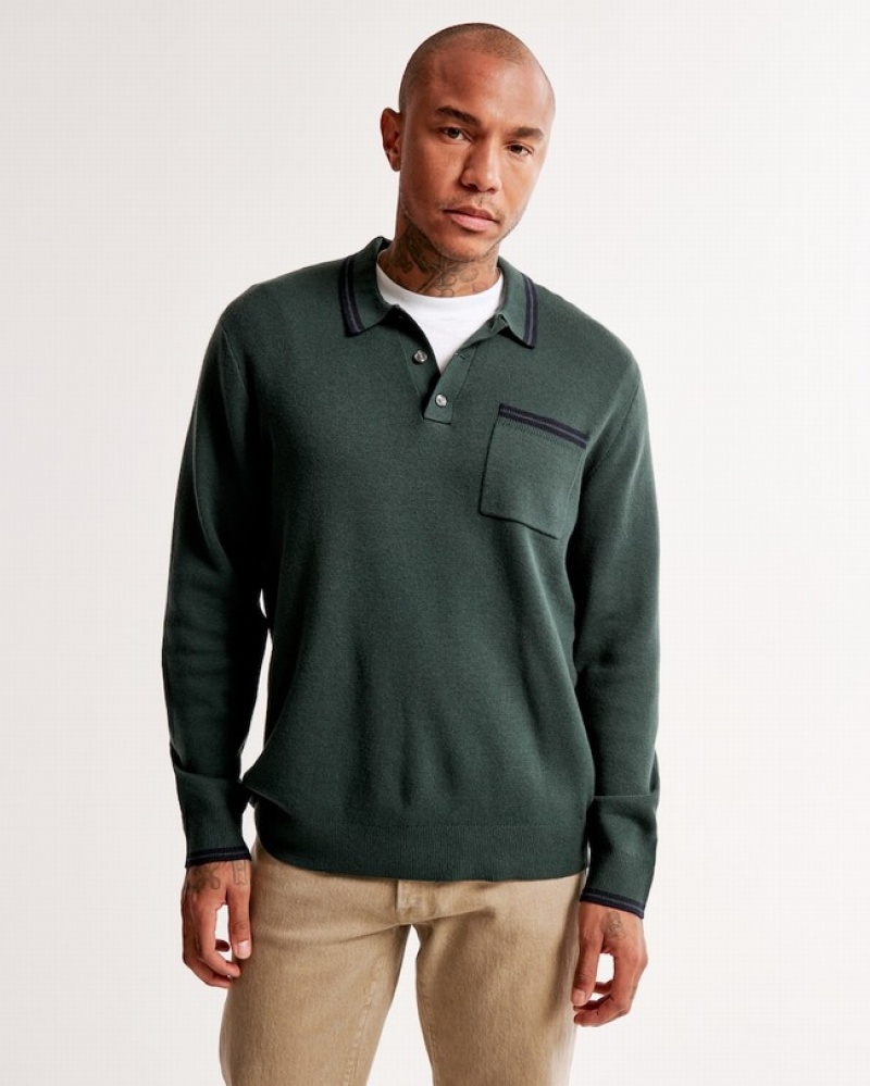 Abercrombie Tipped Long-sleeve 3-button Piketröja Herr MörkGröna  | 7623-GOWZS