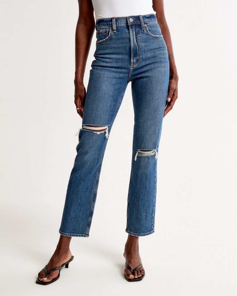 Abercrombie Ultra High Rise Ankle Straight Jeans Dam Blå  | 4916-QMVPG