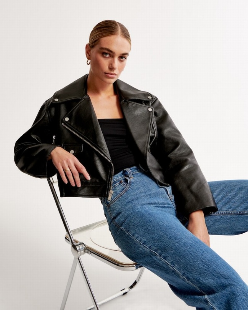 Abercrombie Veganska Leather Moto Jackor Dam Svarta  | 3209-MCRJL